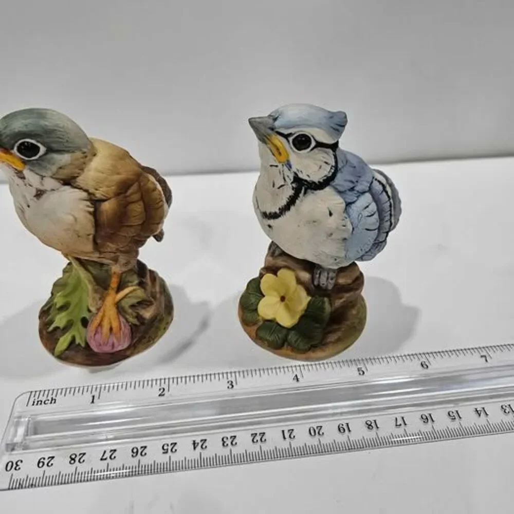 Set of 2 Ceramic Bird Figurines Blue Jay & Brown Bird